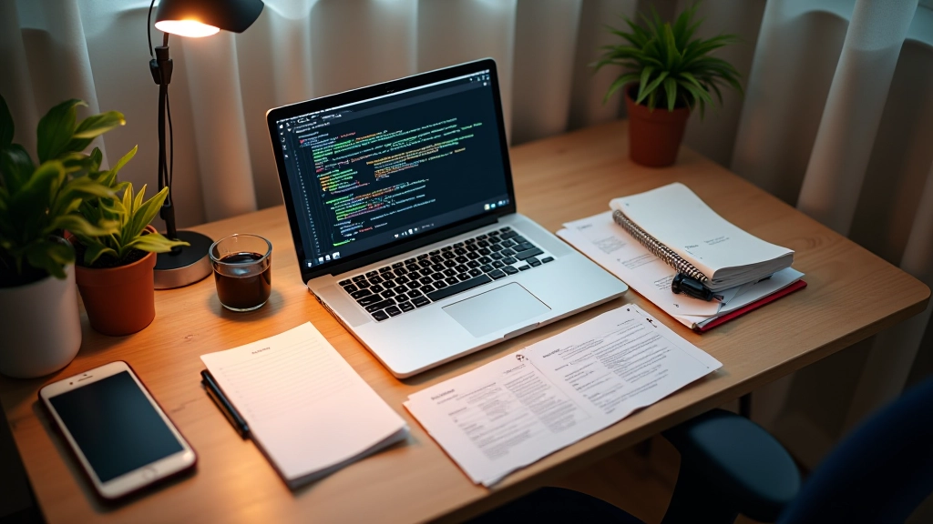 Scrivania ordinata con computer pronto per la sessione di diagnostica, illuminazione adeguata, ambiente pulito