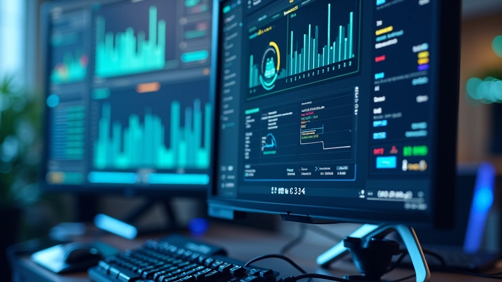 Schermo del computer mostra finestre multiple di software di diagnostica, grafici a barre con temperature, indicatori di stato hardware