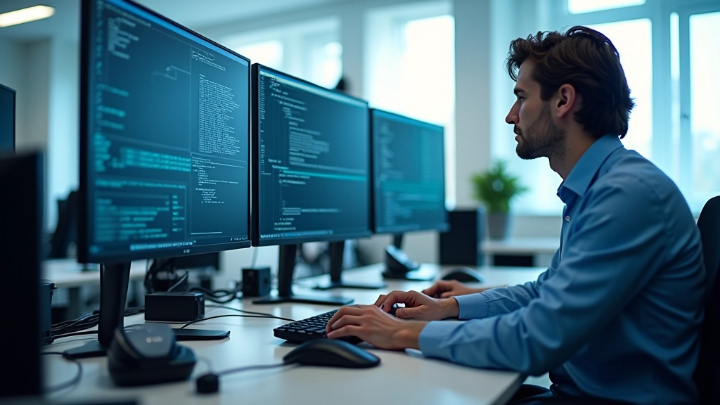 Ambiente di lavoro moderno con monitor e strumenti di diagnostica hardware visibili