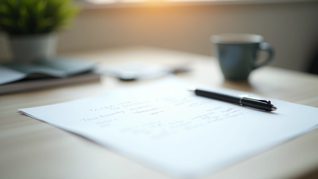 Scrivania ordinata con foglio di carta con note scritte a mano, penna, tazza di caffè, sfondo neutro